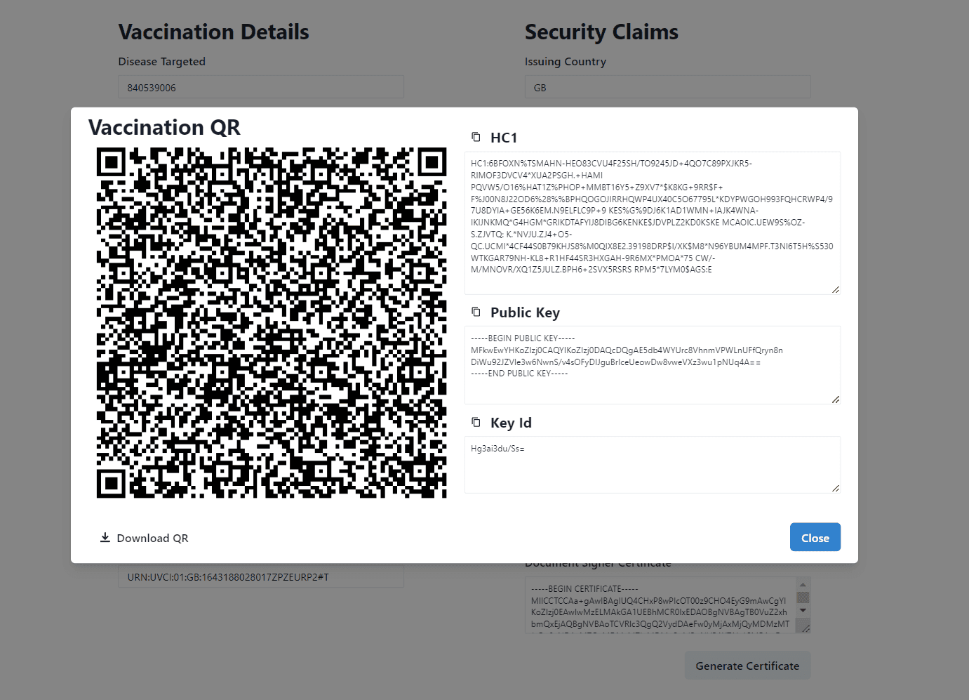 Screenshot of the generate vaccine credential modal