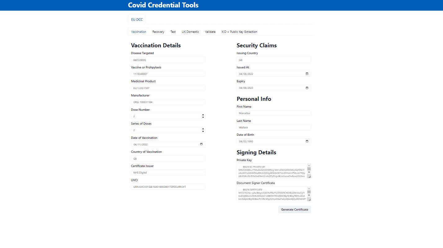 Screenshot of vaccination tab