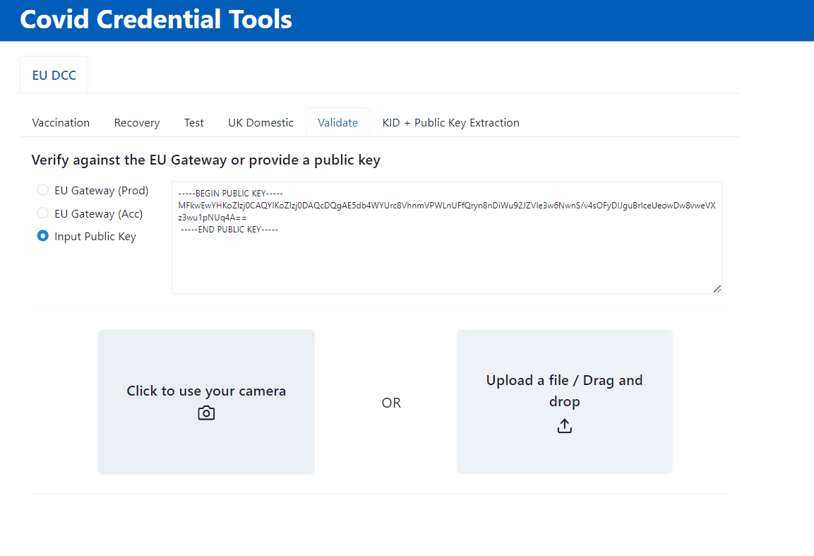 Screenshot of the validation upload tab with 'Input public key' selected